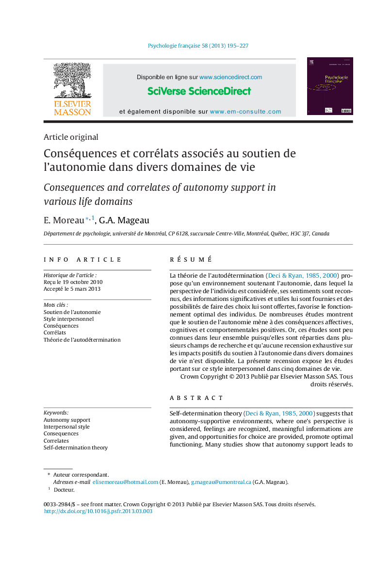 Conséquences et corrélats associés au soutien de l’autonomie dans divers domaines de vie