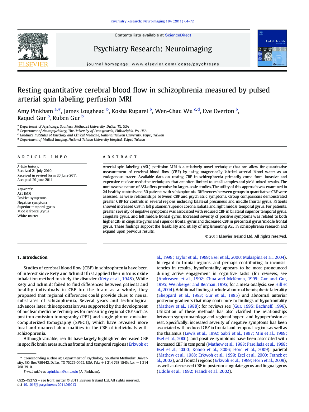 عکس صفحه اول مقاله: Resting quantitative cerebral blood flow in schizophrenia measured by pulsed arterial spin labeling perfusion MRI Resting quantitative cerebral blood flow in schizophrenia measured by pulsed arterial spin labeling perfusion MRI