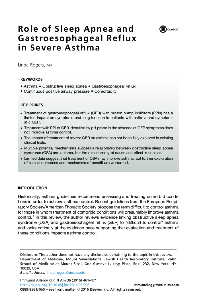 Role of Sleep Apnea and Gastroesophageal Reflux in Severe Asthma