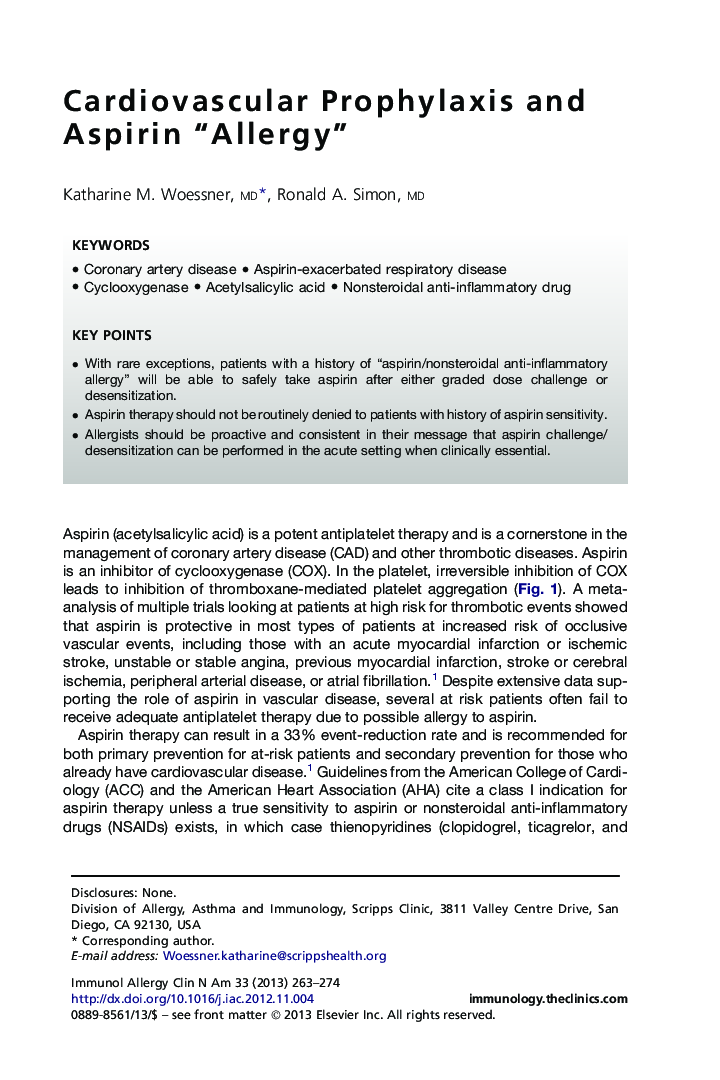 Cardiovascular Prophylaxis and Aspirin “Allergy”