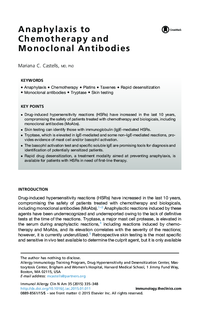 Anaphylaxis to Chemotherapy and Monoclonal Antibodies