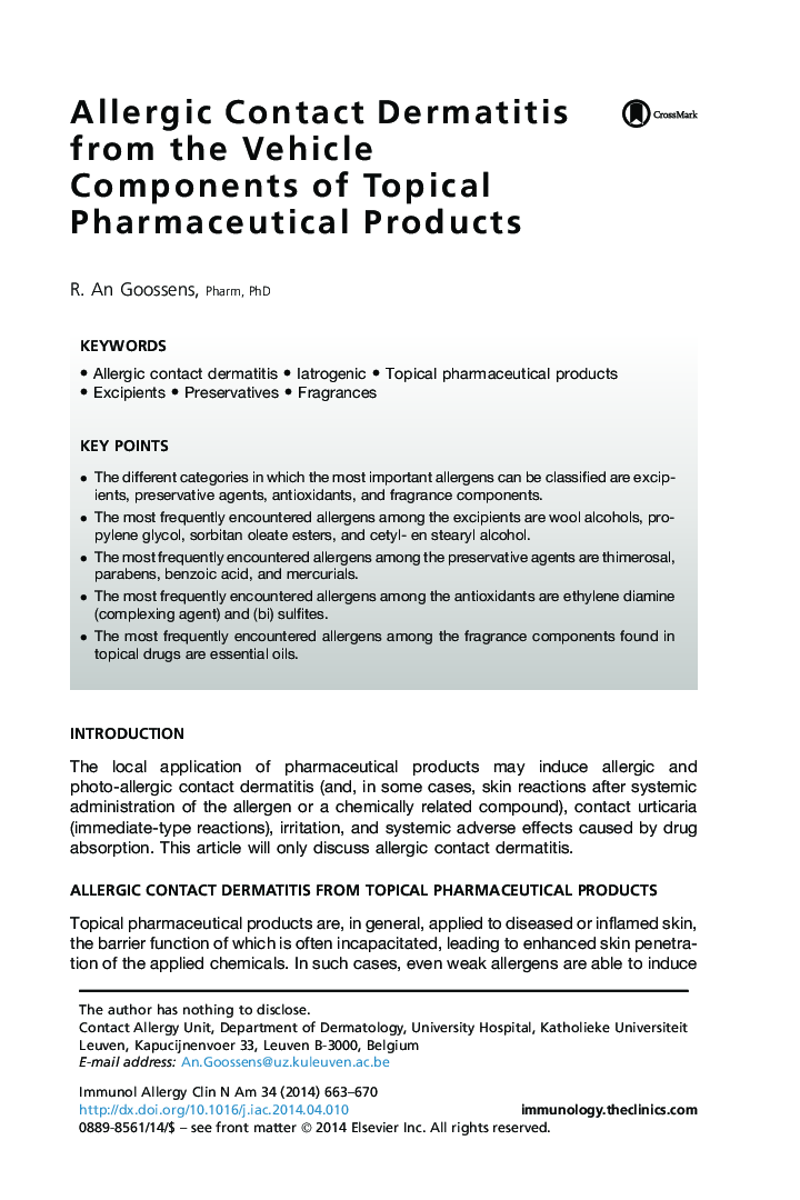 Allergic Contact Dermatitis from the Vehicle Components of Topical Pharmaceutical Products