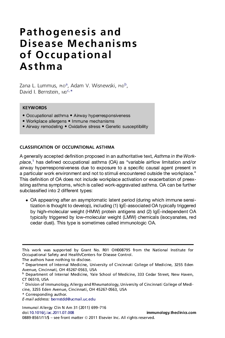 Pathogenesis and Disease Mechanisms of Occupational Asthma