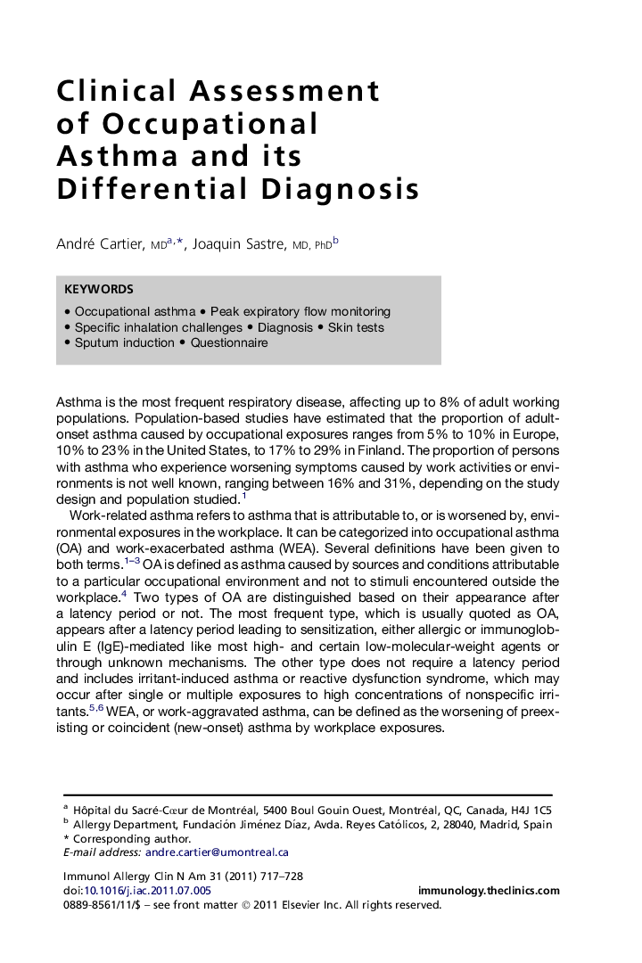 Clinical Assessment of Occupational Asthma and its Differential Diagnosis