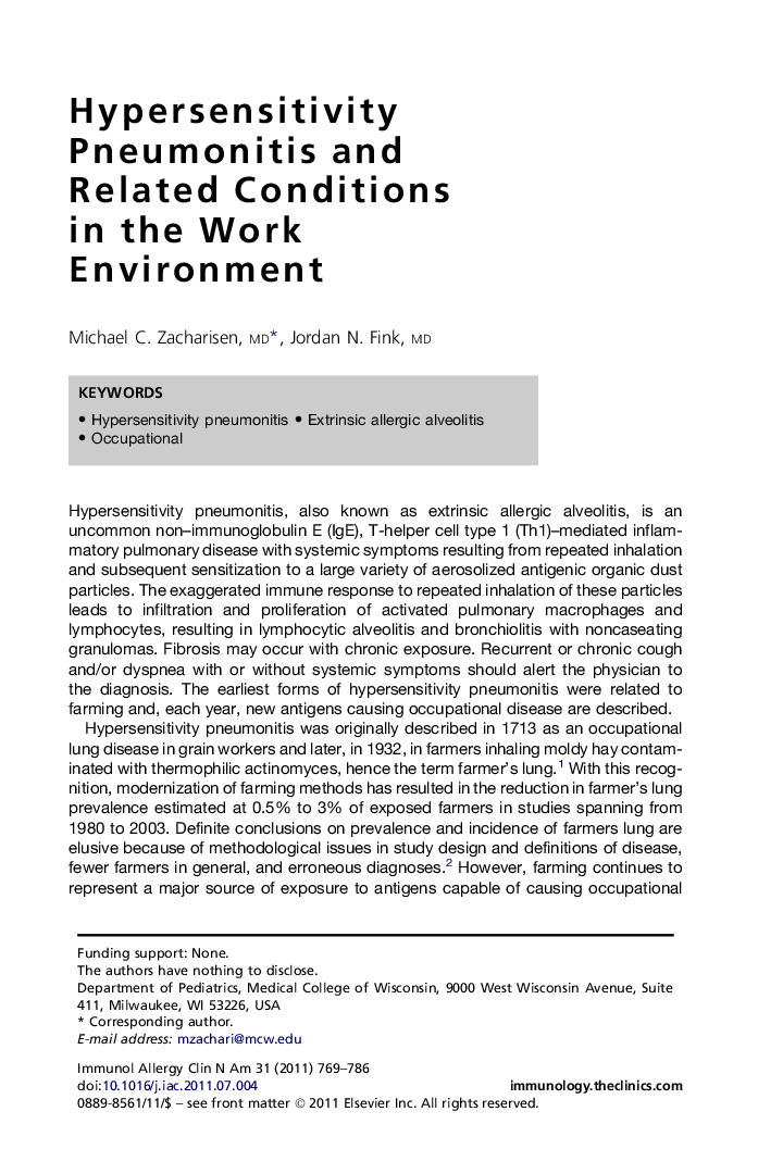 Hypersensitivity Pneumonitis and Related Conditions in the Work Environment