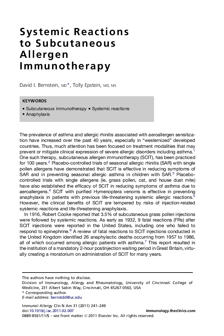 Systemic Reactions to Subcutaneous Allergen Immunotherapy