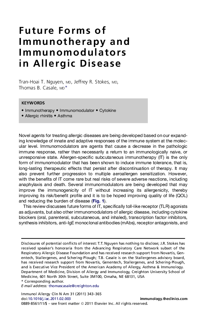 Future Forms of Immunotherapy and Immunomodulators in Allergic Disease