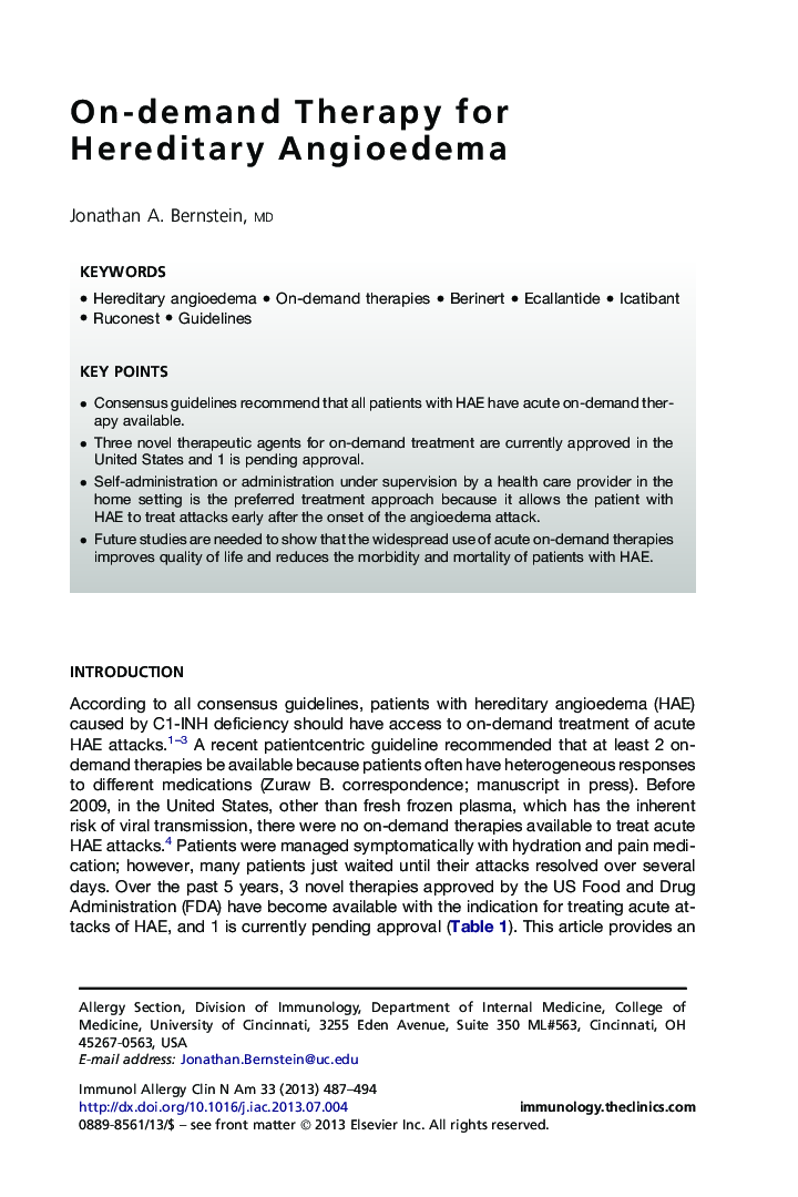 On-demand Therapy for Hereditary Angioedema