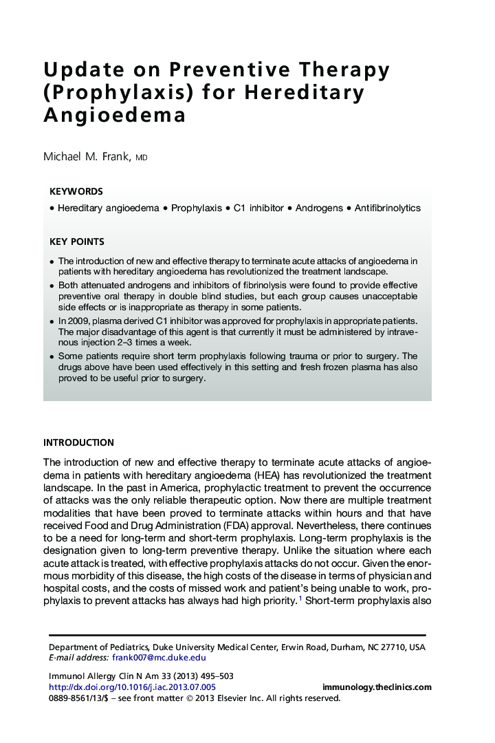 Update on Preventive Therapy (Prophylaxis) for Hereditary Angioedema