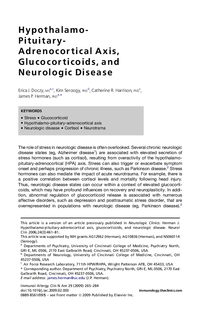 Hypothalamo-Pituitary-Adrenocortical Axis, Glucocorticoids, and Neurologic Disease