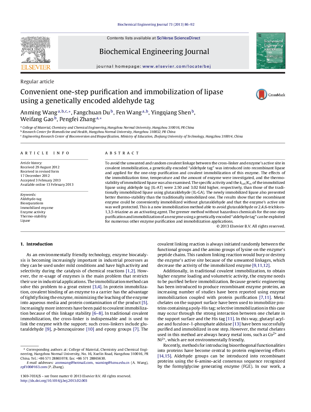 Convenient one-step purification and immobilization of lipase using a genetically encoded aldehyde tag