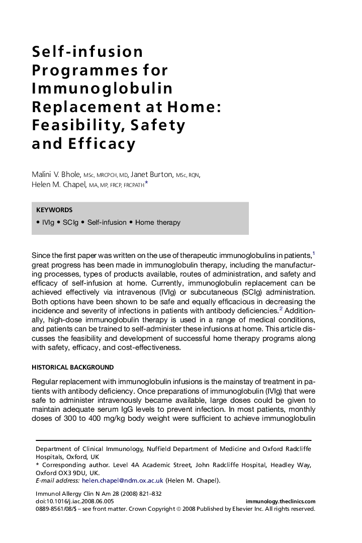 Self-infusion Programmes for Immunoglobulin Replacement at Home: Feasibility, Safety and Efficacy