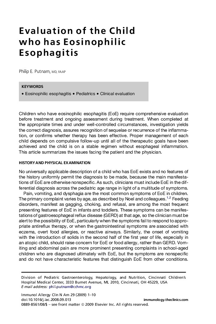 Evaluation of the Child who has Eosinophilic Esophagitis