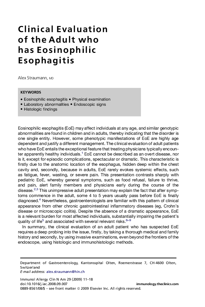 Clinical Evaluation of the Adult who has Eosinophilic Esophagitis