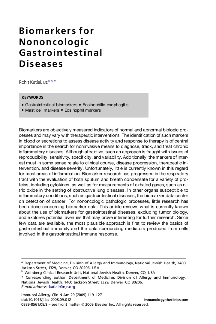 عکس صفحه اول مقاله: Biomarkers for Nononcologic Gastrointestinal Diseases Biomarkers for Nononcologic Gastrointestinal Diseases