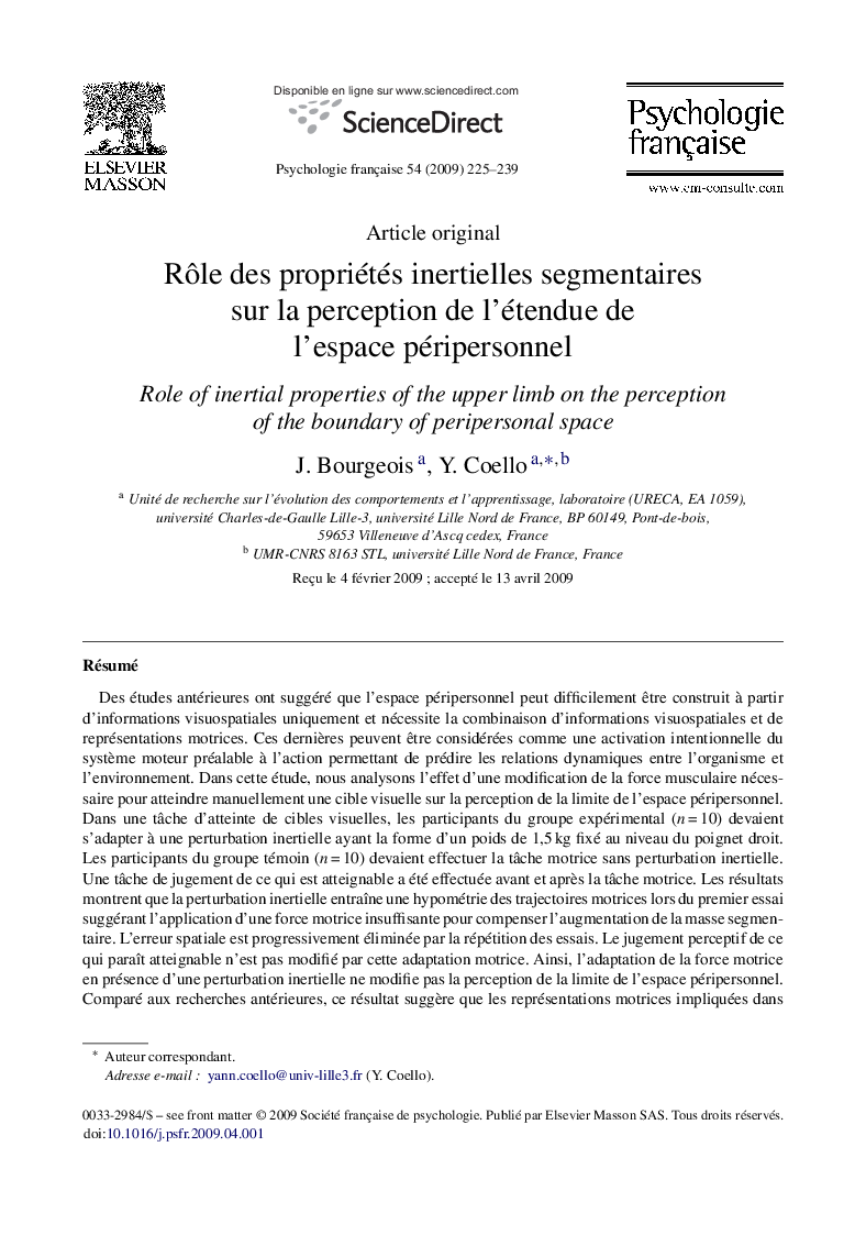 Rôle des propriétés inertielles segmentaires sur la perception de l’étendue de l’espace péripersonnel