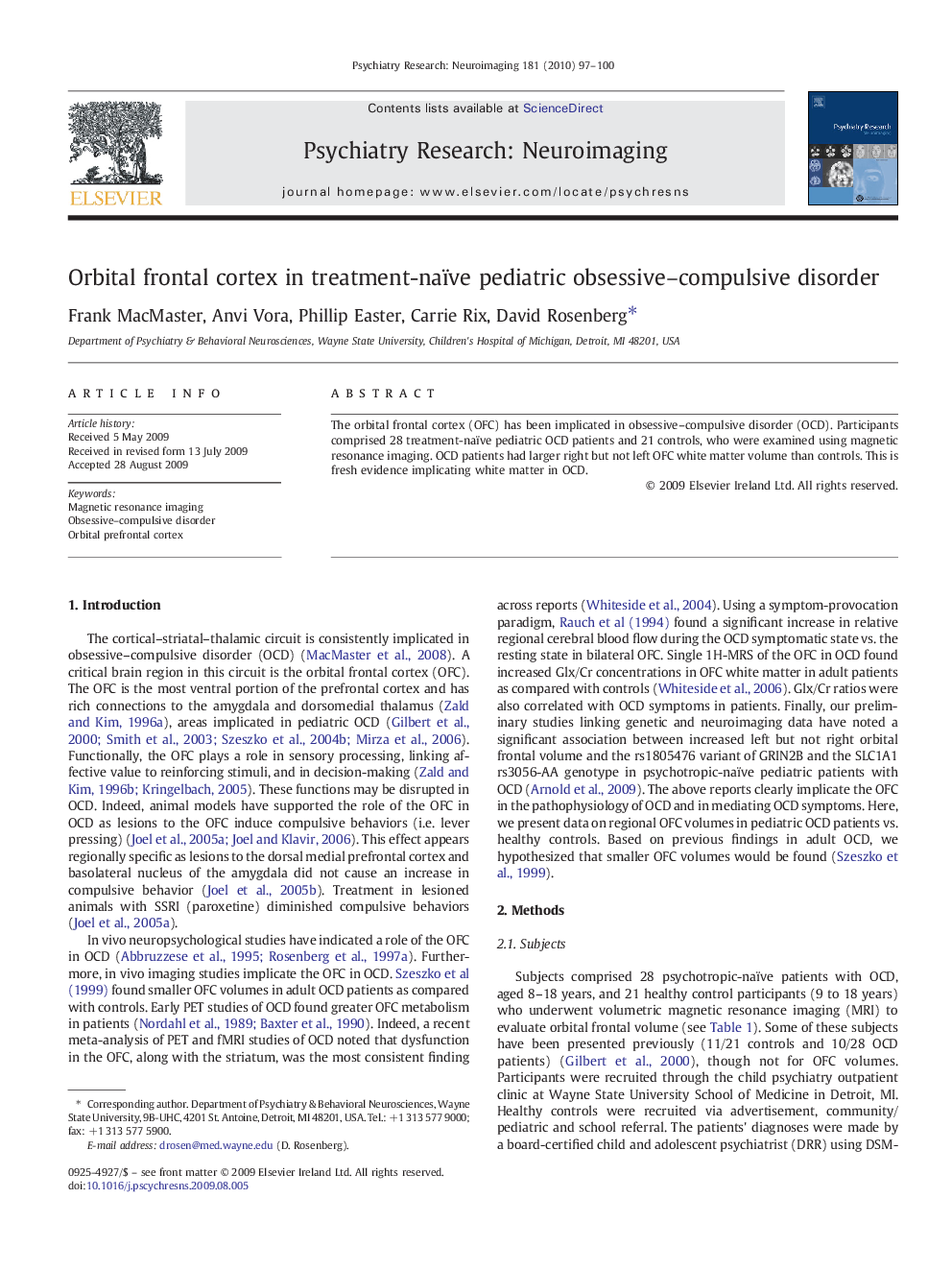 Orbital frontal cortex in treatment-naïve pediatric obsessive–compulsive disorder