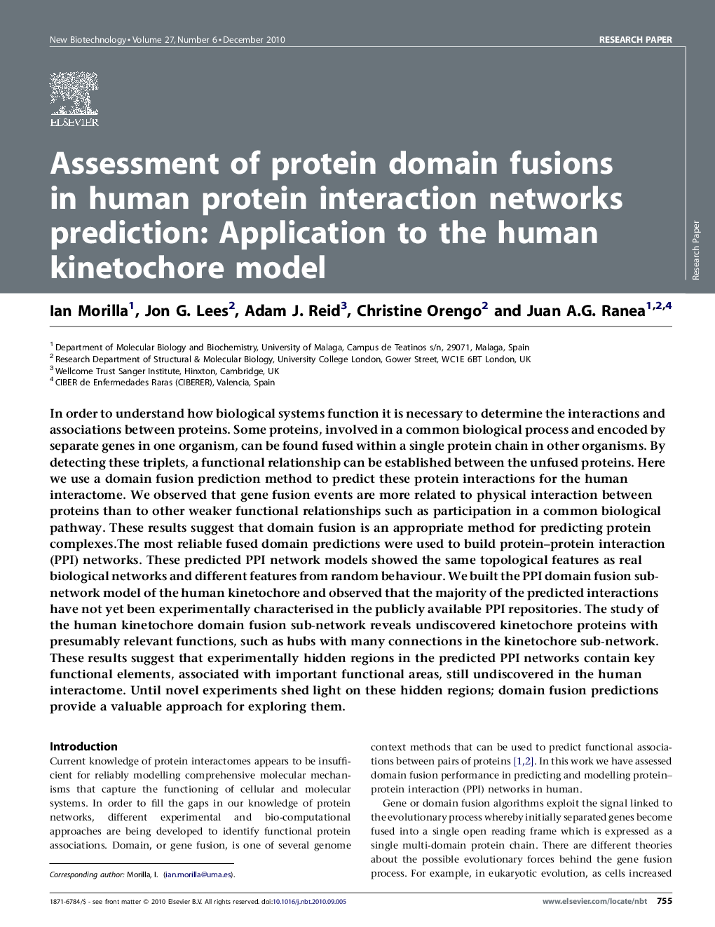 Assessment of protein domain fusions in human protein interaction networks prediction: Application to the human kinetochore model