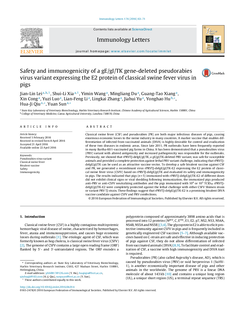 عکس صفحه اول مقاله: Safety and immunogenicity of a gE/gI/TK gene-deleted pseudorabies virus variant expressing the E2 protein of classical swine fever virus in pigs Safety and immunogenicity of a gE/gI/TK gene-deleted pseudorabies virus variant expressing the E2 protein of classical swine fever virus in pigs