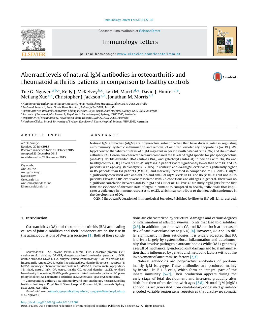 Aberrant levels of natural IgM antibodies in osteoarthritis and rheumatoid arthritis patients in comparison to healthy controls