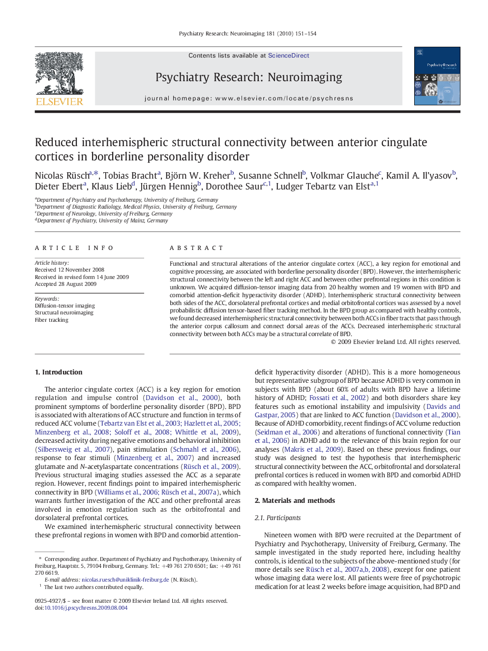 Reduced interhemispheric structural connectivity between anterior cingulate cortices in borderline personality disorder