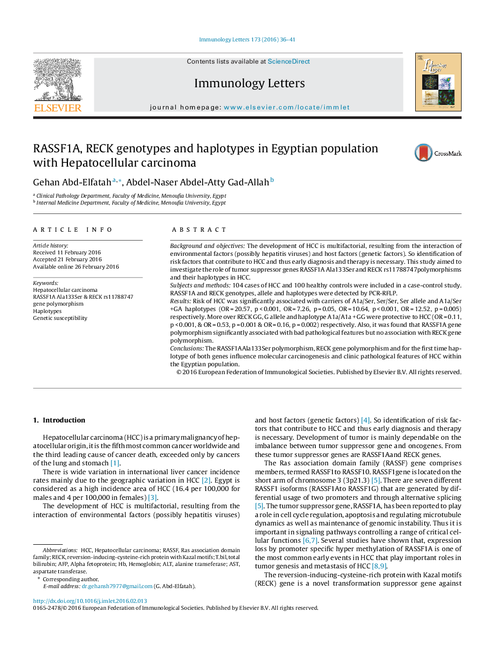 عکس صفحه اول مقاله: RASSF1A, RECK genotypes and haplotypes in Egyptian population with Hepatocellular carcinoma RASSF1A, RECK genotypes and haplotypes in Egyptian population with Hepatocellular carcinoma