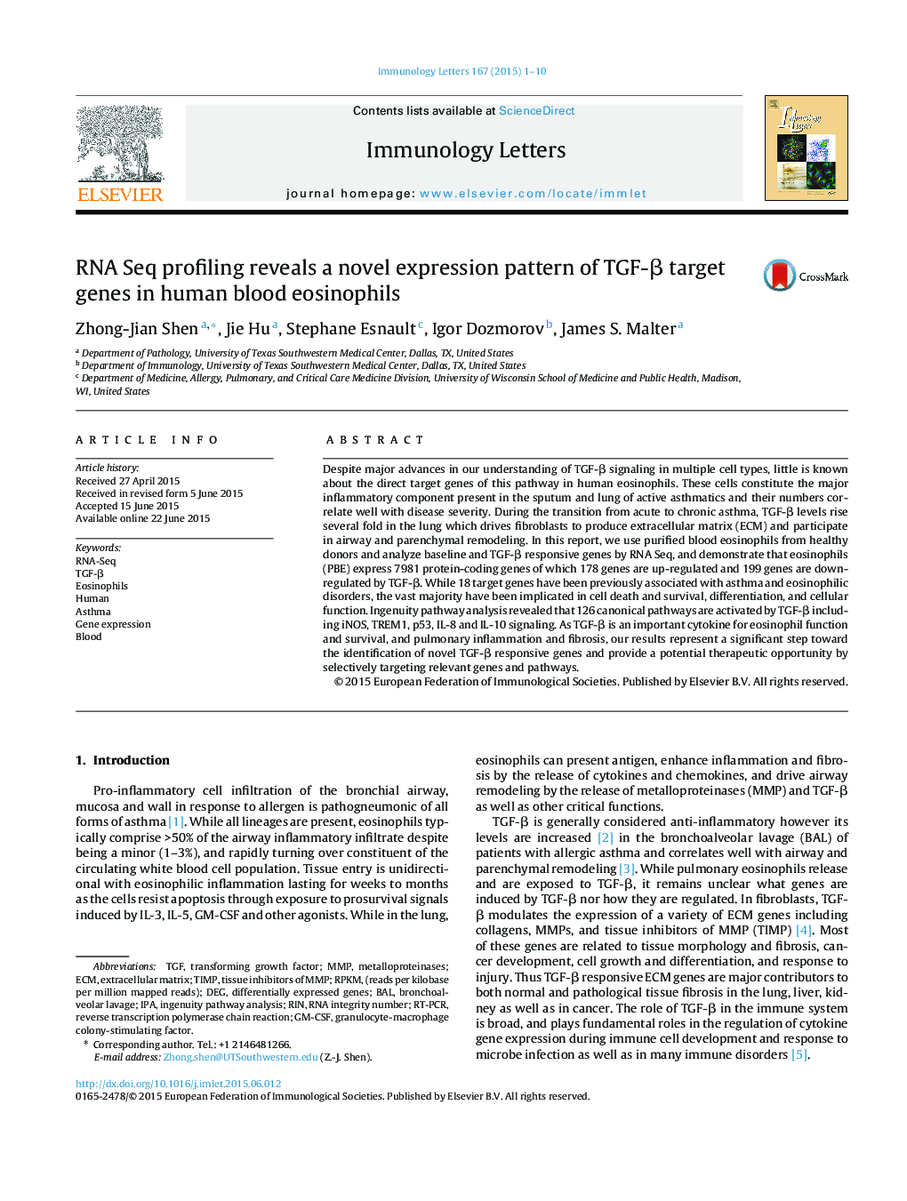 RNA Seq profiling reveals a novel expression pattern of TGF-β target genes in human blood eosinophils