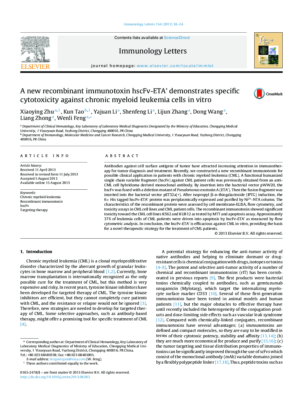 A new recombinant immunotoxin hscFv-ETA’ demonstrates specific cytotoxicity against chronic myeloid leukemia cells in vitro