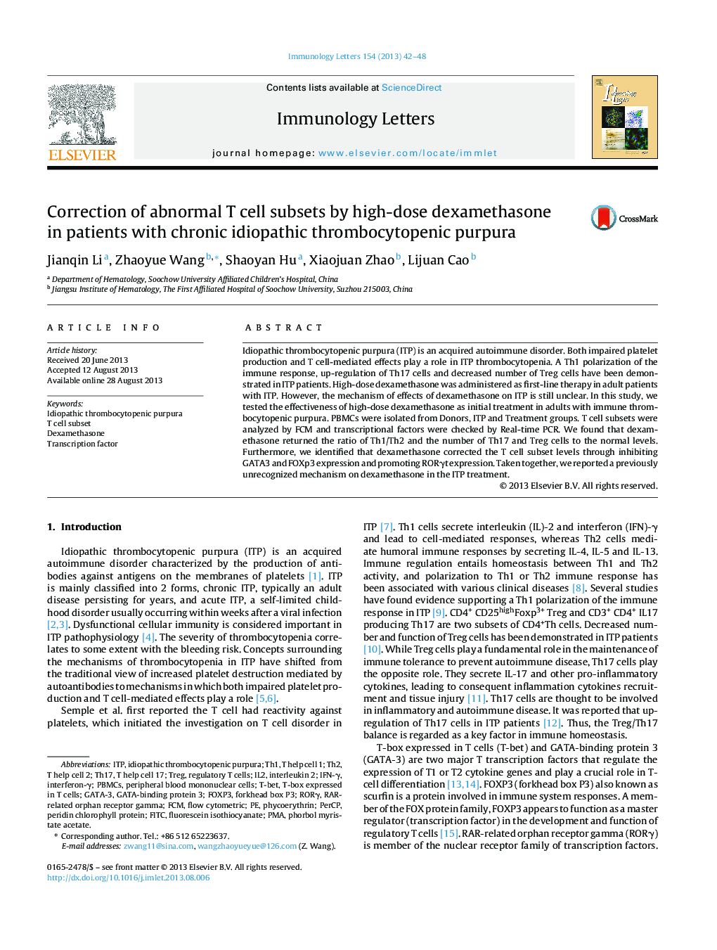 Correction of abnormal T cell subsets by high-dose dexamethasone in patients with chronic idiopathic thrombocytopenic purpura