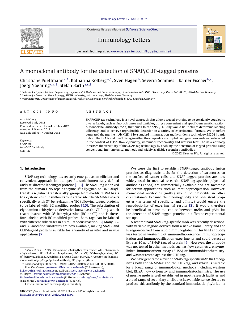 عکس صفحه اول مقاله: A monoclonal antibody for the detection of SNAP/CLIP-tagged proteins A monoclonal antibody for the detection of SNAP/CLIP-tagged proteins