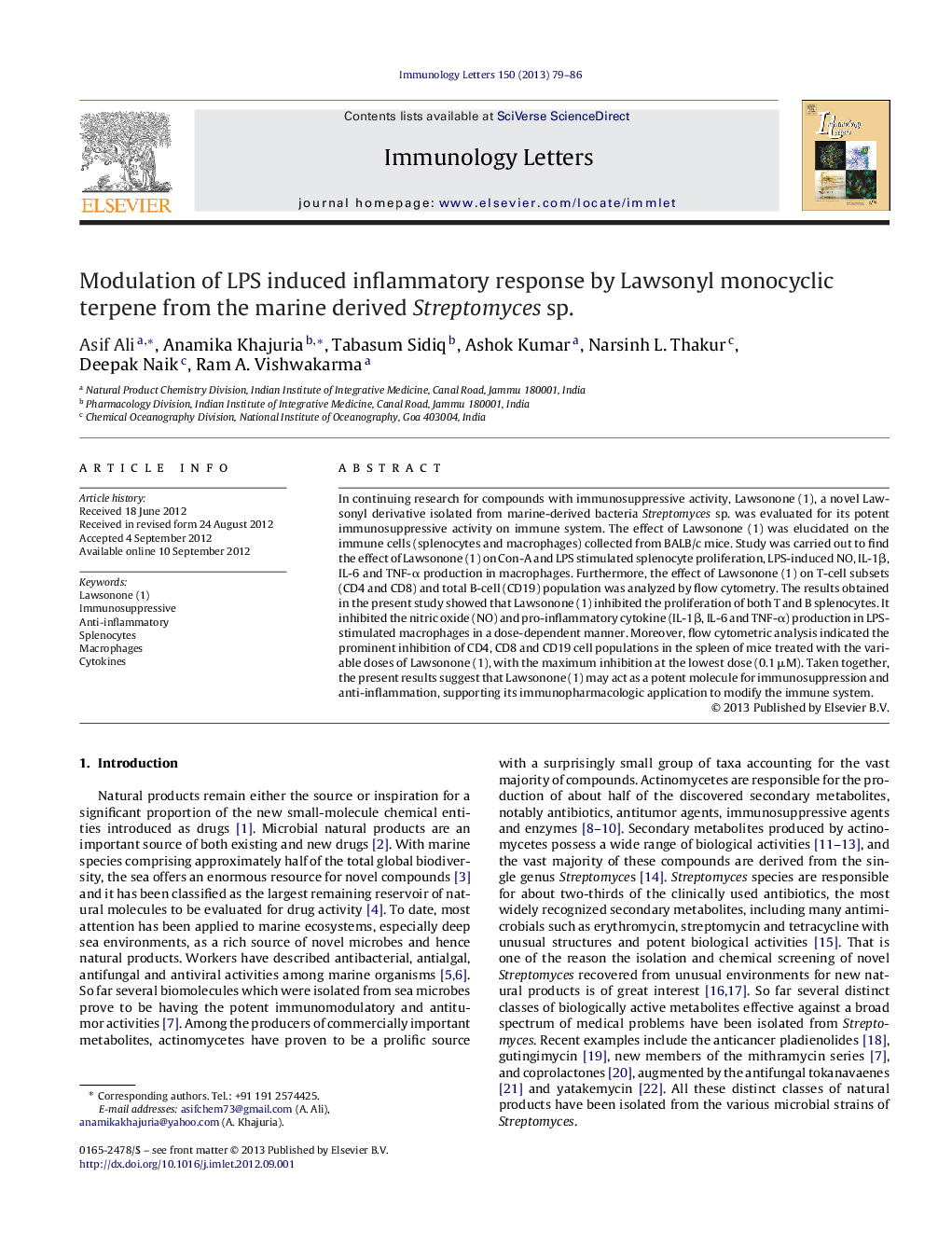 Modulation of LPS induced inflammatory response by Lawsonyl monocyclic terpene from the marine derived Streptomyces sp.