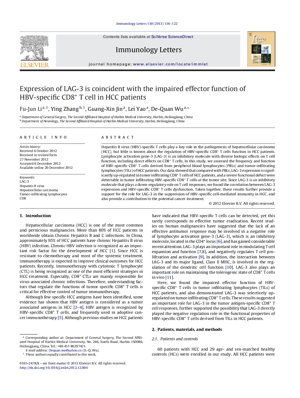 Expression of LAG-3 is coincident with the impaired effector function of HBV-specific CD8+ T cell in HCC patients