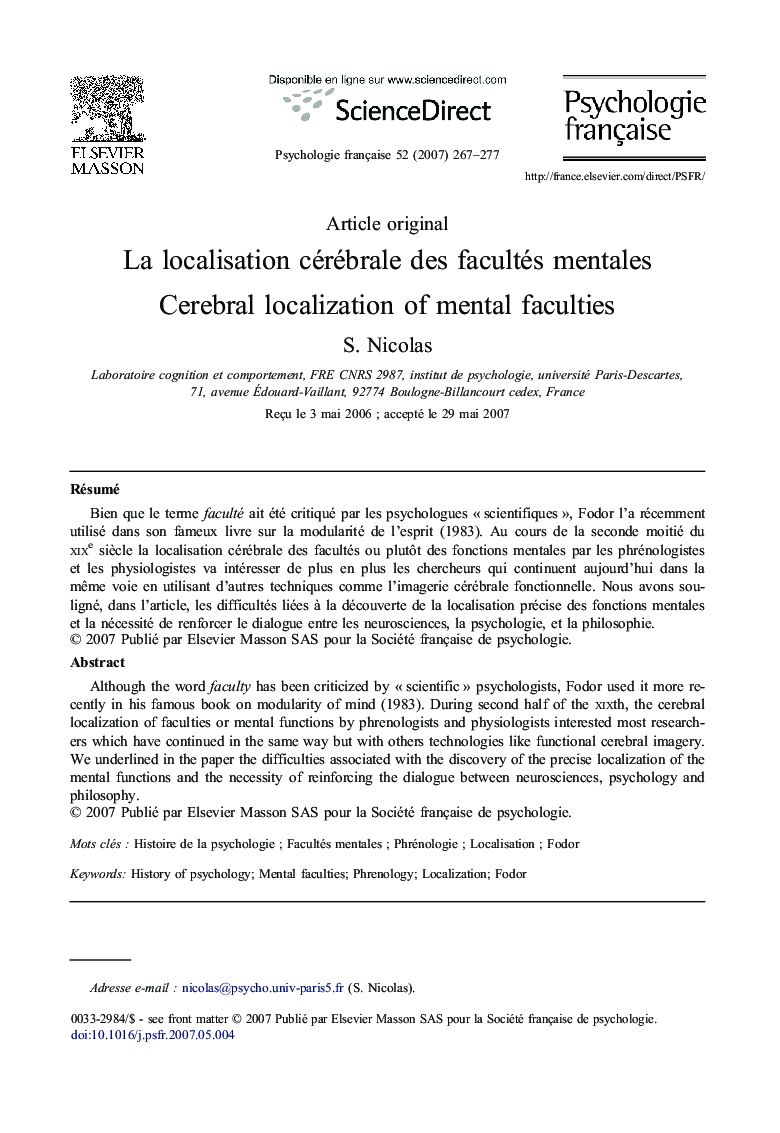 La localisation cérébrale des facultés mentales