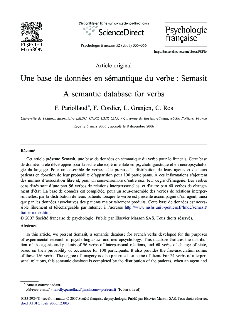 عکس صفحه اول مقاله: Une base de données en sémantique du verbe : Semasit Une base de données en sémantique du verbe : Semasit