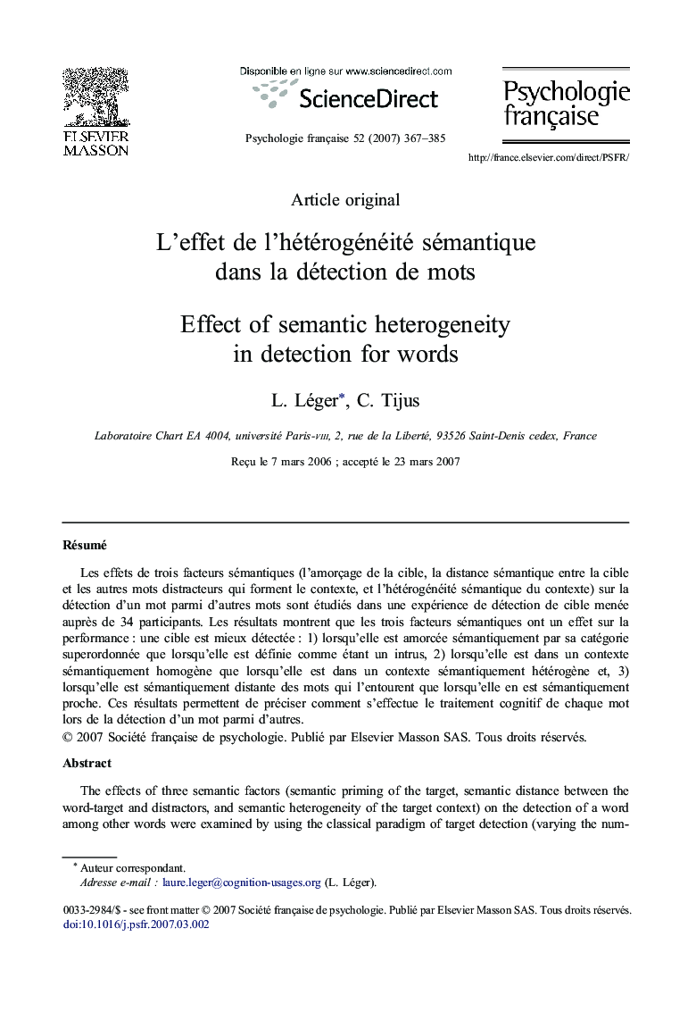 عکس صفحه اول مقاله: L'effet de l'hétérogénéité sémantique dans la détection de mots L'effet de l'hétérogénéité sémantique dans la détection de mots