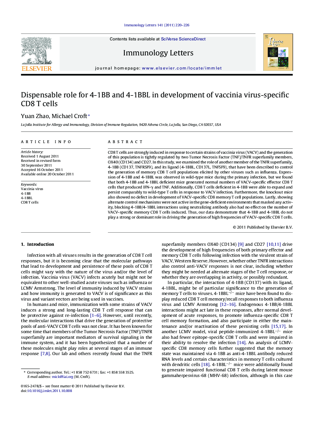 Dispensable role for 4-1BB and 4-1BBL in development of vaccinia virus-specific CD8 T cells