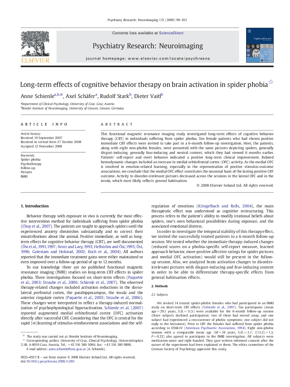 Long-term effects of cognitive behavior therapy on brain activation in spider phobia 