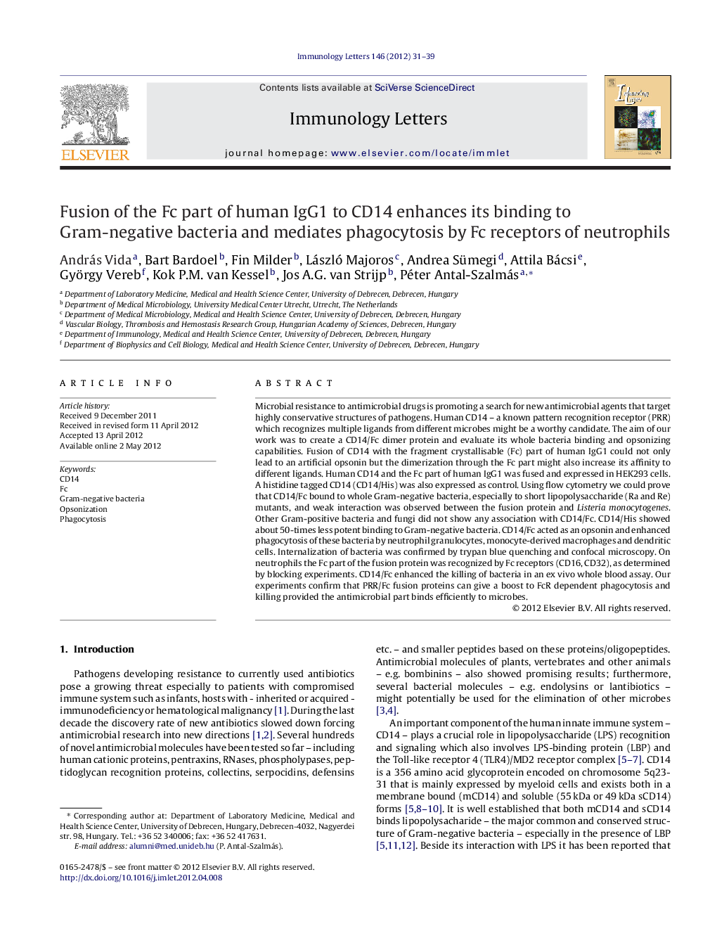 Fusion of the Fc part of human IgG1 to CD14 enhances its binding to Gram-negative bacteria and mediates phagocytosis by Fc receptors of neutrophils