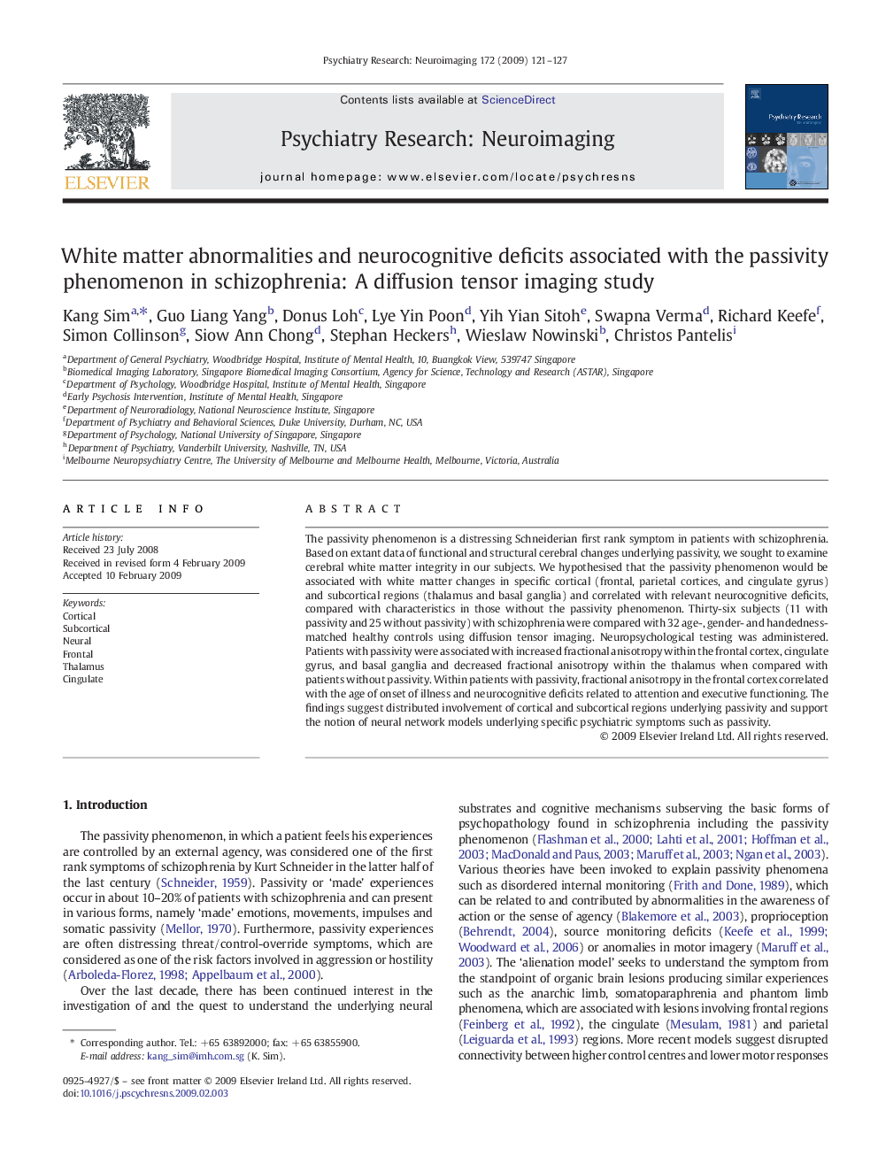 White matter abnormalities and neurocognitive deficits associated with the passivity phenomenon in schizophrenia: A diffusion tensor imaging study