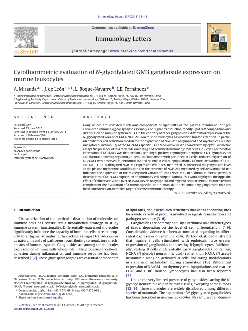 Cytofluorimetric evaluation of N-glycolylated GM3 ganglioside expression on murine leukocytes