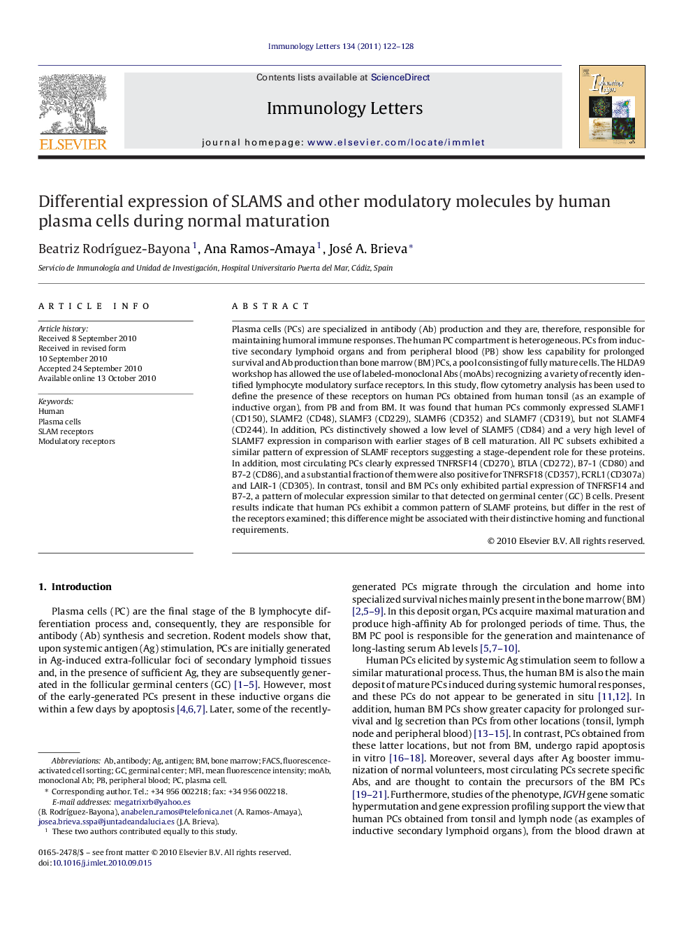 Differential expression of SLAMS and other modulatory molecules by human plasma cells during normal maturation