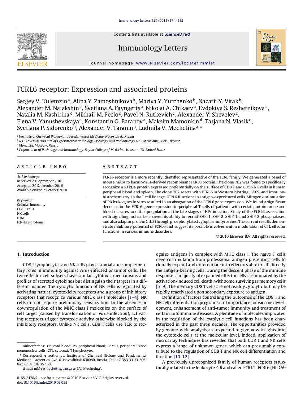 FCRL6 receptor: Expression and associated proteins