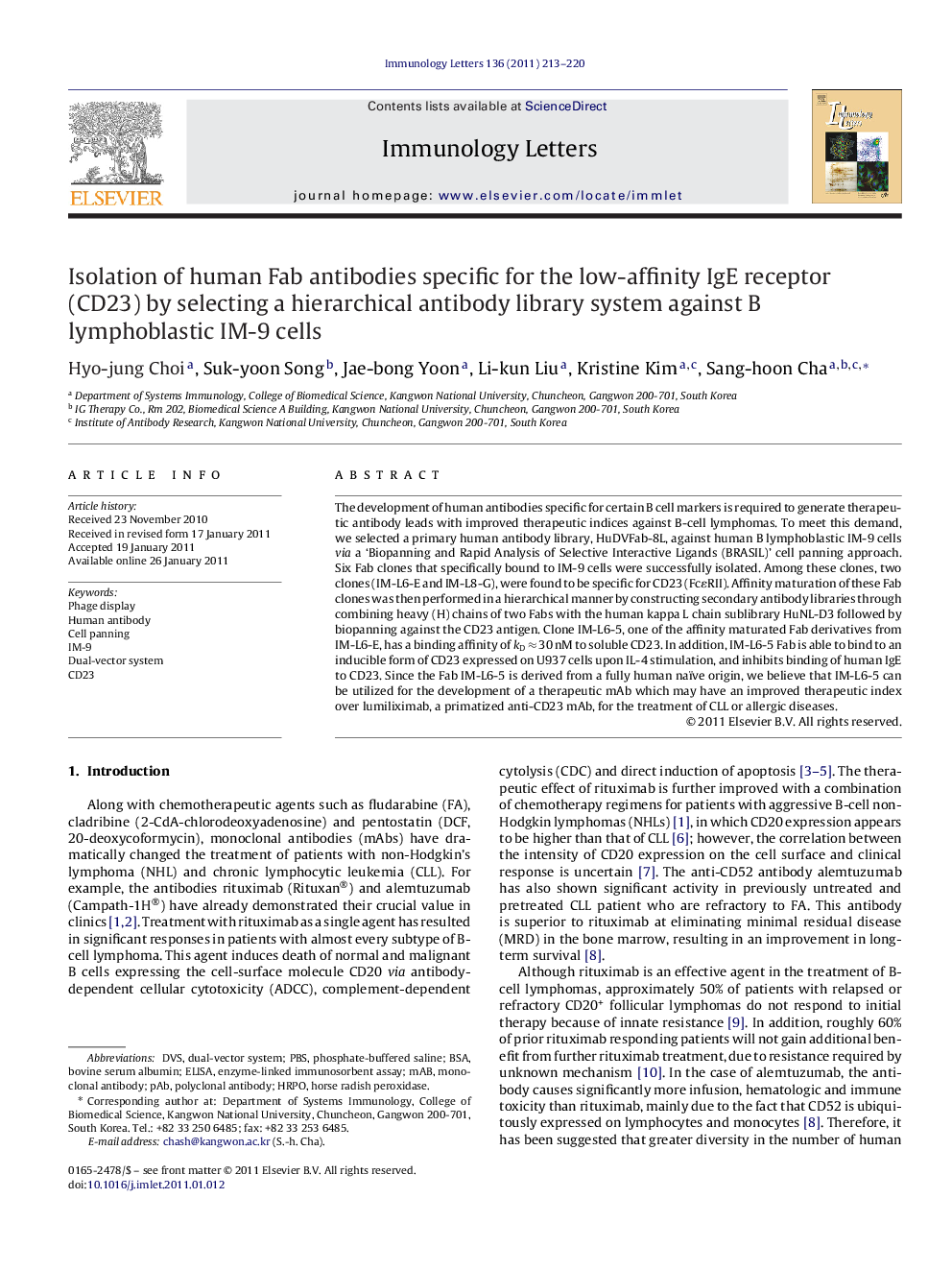 Isolation of human Fab antibodies specific for the low-affinity IgE receptor (CD23) by selecting a hierarchical antibody library system against B lymphoblastic IM-9 cells