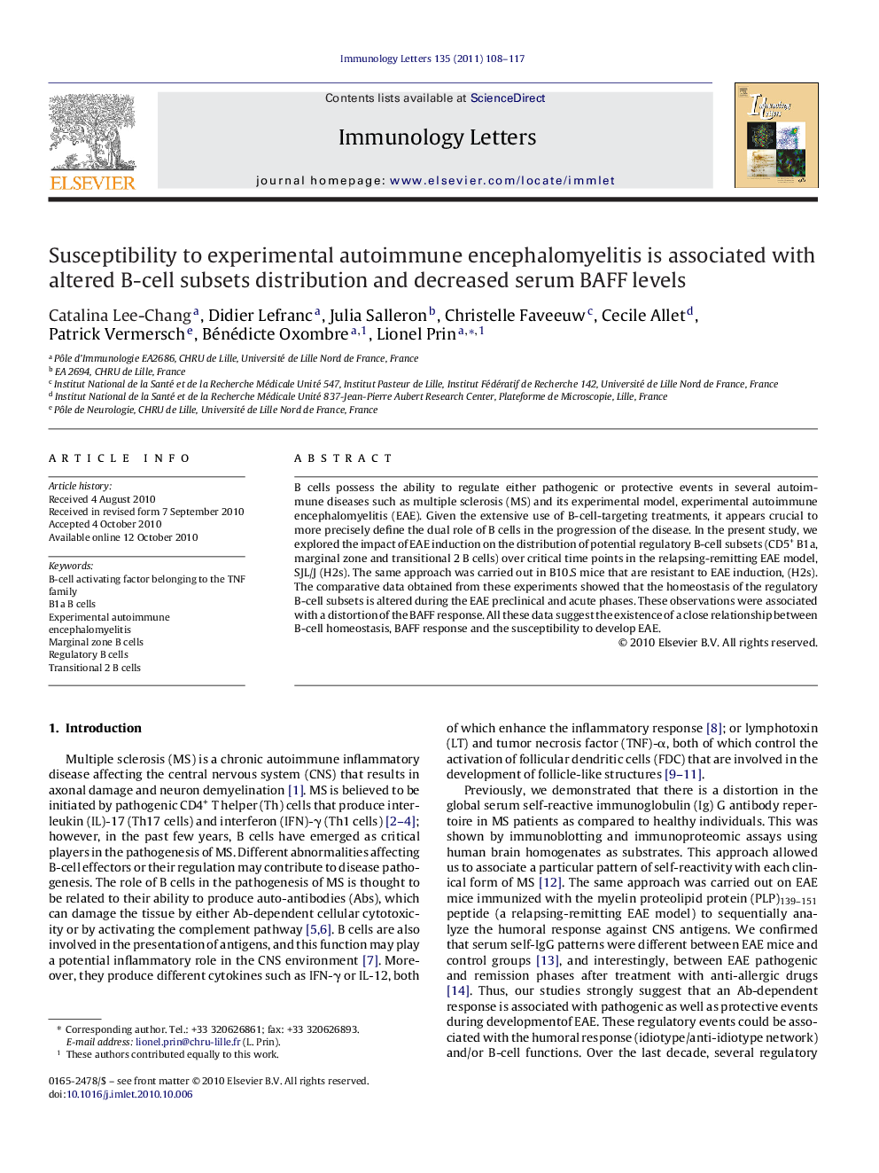 Susceptibility to experimental autoimmune encephalomyelitis is associated with altered B-cell subsets distribution and decreased serum BAFF levels