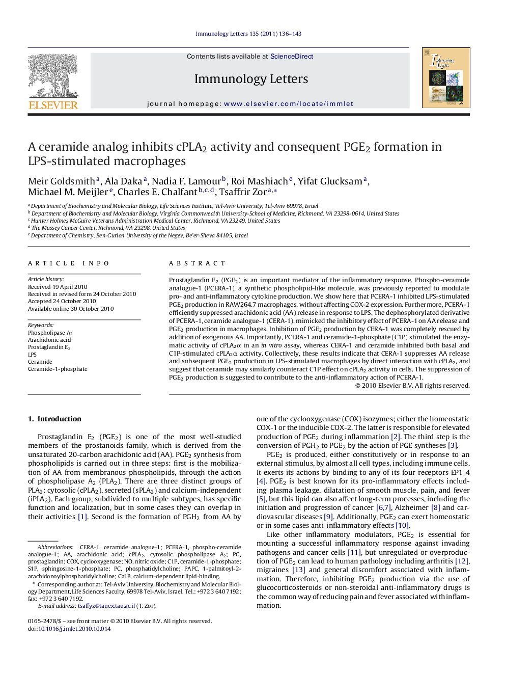 A ceramide analog inhibits cPLA2 activity and consequent PGE2 formation in LPS-stimulated macrophages