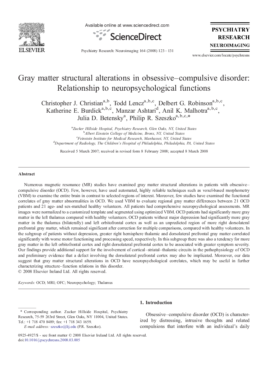 Gray matter structural alterations in obsessive–compulsive disorder: Relationship to neuropsychological functions