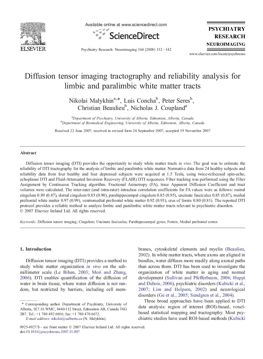 Diffusion tensor imaging tractography and reliability analysis for limbic and paralimbic white matter tracts