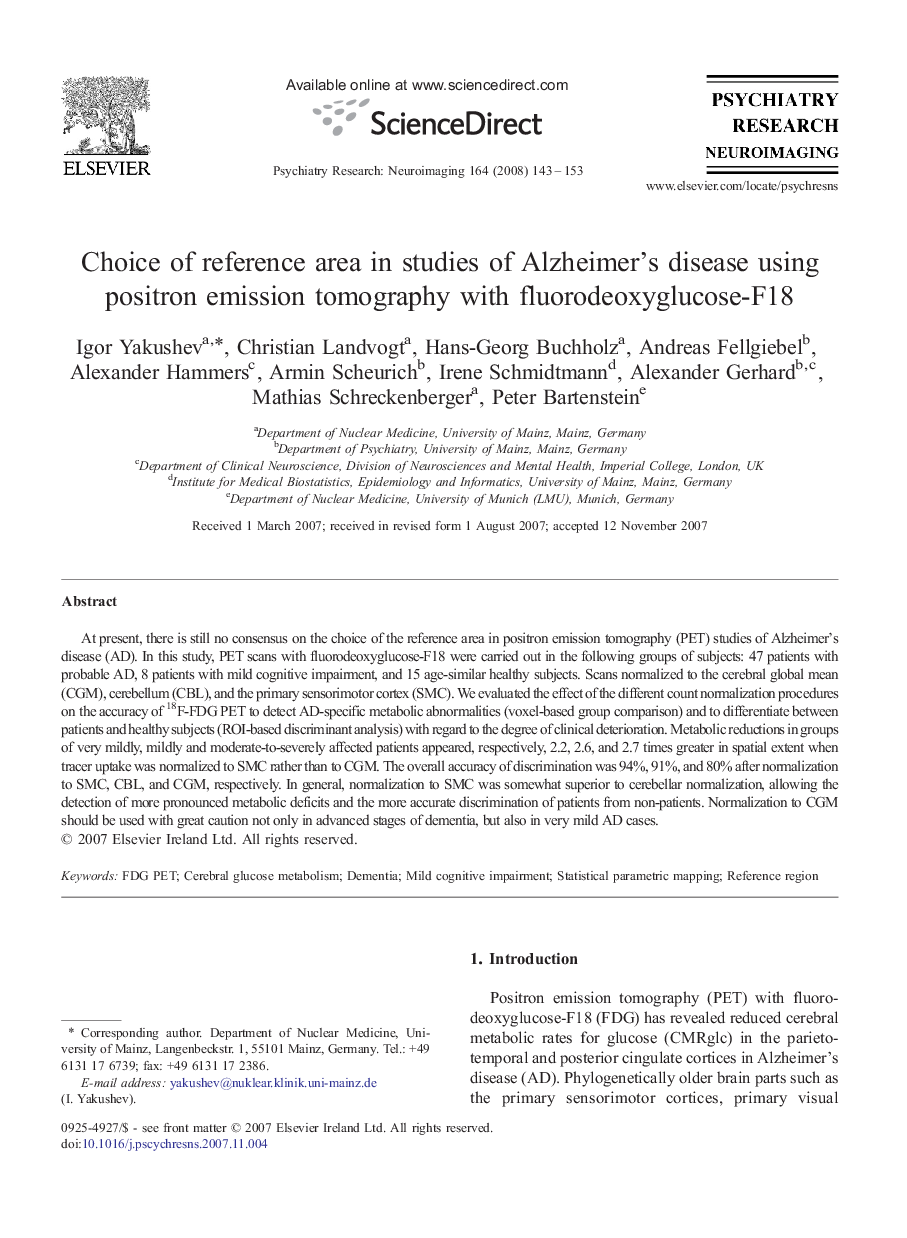 Choice of reference area in studies of Alzheimer's disease using positron emission tomography with fluorodeoxyglucose-F18