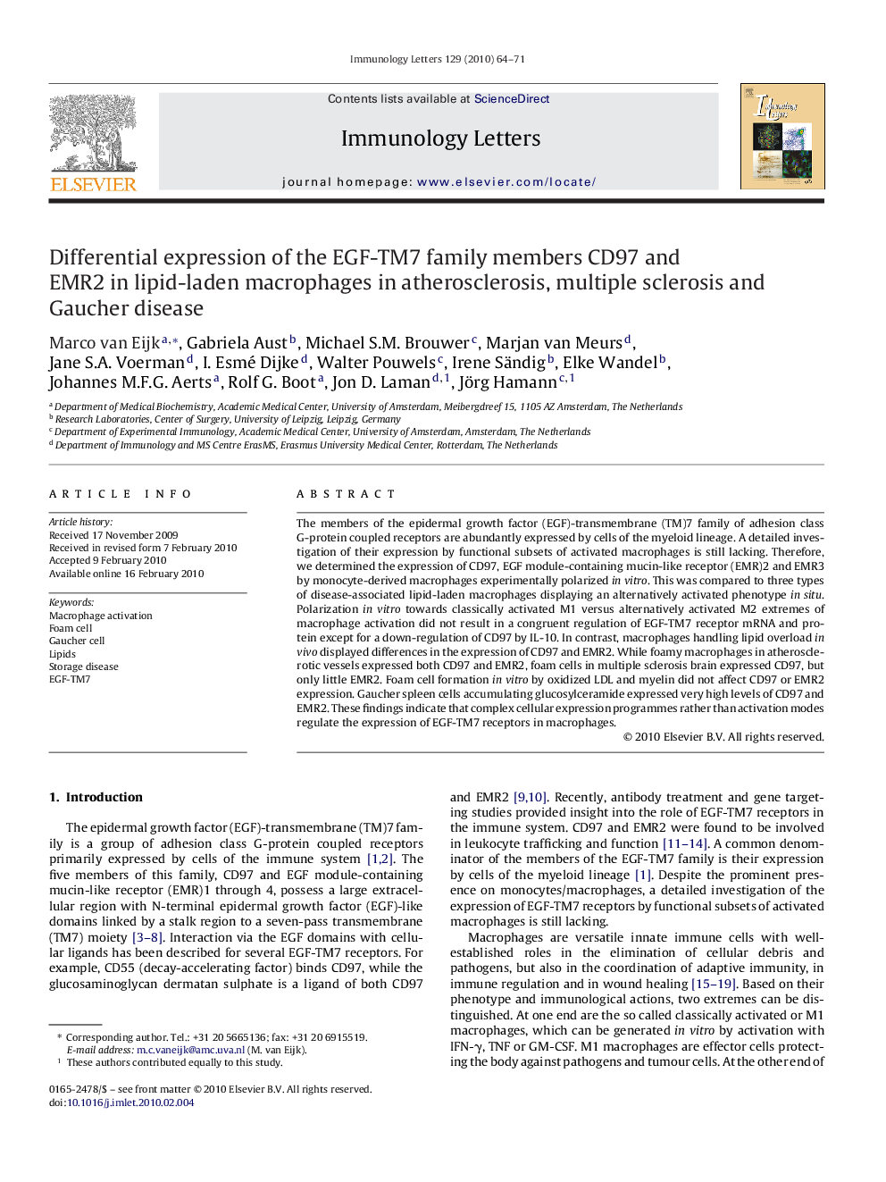 Differential expression of the EGF-TM7 family members CD97 and EMR2 in lipid-laden macrophages in atherosclerosis, multiple sclerosis and Gaucher disease