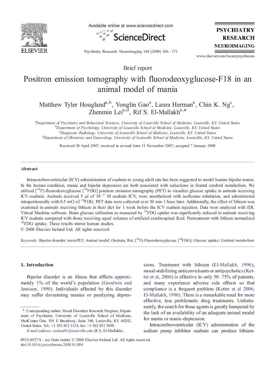 Positron emission tomography with fluorodeoxyglucose-F18 in an animal model of mania